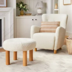 Kessler Round Tufted Faux Shearling Ottoman With Wood Legs Cream - Threshold™ Designed With Studio McGee -Furniture Sales Store GUEST 04b65af8 a754 447b a4dd 3ee4c3c36a15