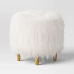 Holley Mongolian Fur/Wood Ottoman Cream - Threshold™: Padded, No Assembly, Plywood Frame