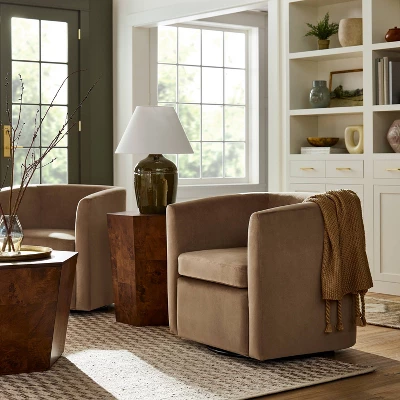 Vernon Upholstered Barrel Swivel Chair Light Brown Velvet - Threshold™ Designed With Studio McGee 1 Vernon Upholstered Barrel Swivel Chair Light Brown Velvet - Threshold™ Designed With Studio McGee