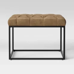 Trubeck Tufted Metal Base Ottoman Faux Leather Brown - Threshold™: Padded Footstool, No Assembly Required
