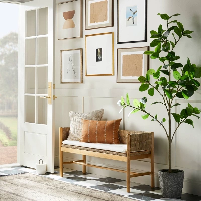 Elden Wood Bench With Woven Back And Loose Cushion Seat - Threshold™ Designed With Studio McGee 1 Elden Wood Bench With Woven Back And Loose Cushion Seat - Threshold™ Designed With Studio McGee