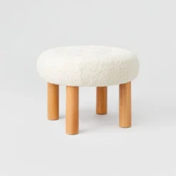 Kessler Round Tufted Faux Shearling Ottoman With Wood Legs Cream - Threshold™ Designed With Studio McGee